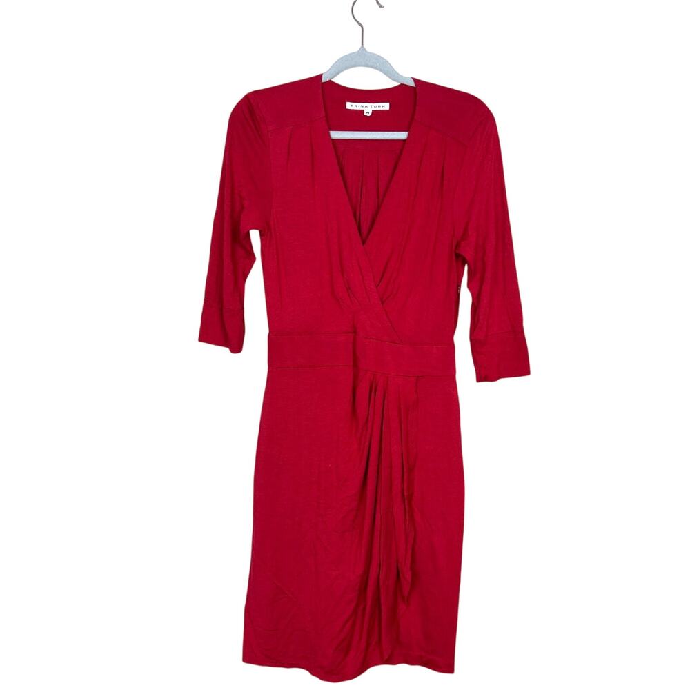 Trina Turk Womens 4 Red V-Neck Wrap Pleated 3/4 Sleeve Ruched Sheath Midi Dress